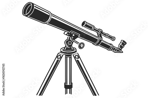 Vintage monochrome telescope on a tripod, symbolizing scientific discovery, space exploration, and celestial observation.