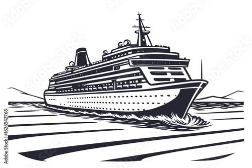 Monochrome illustration of a large ocean liner sailing on the sea. Vector art of a cruise ship for travel and vacation concepts.