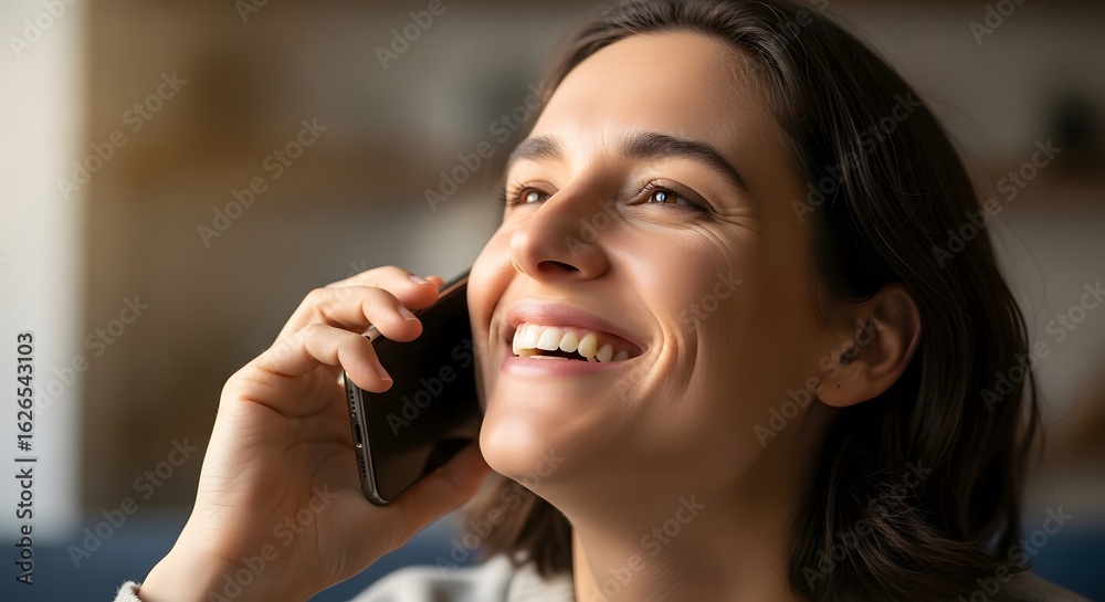 A happy young woman with a beautiful smile enjoys a pleasant conversation on her smartphone. A happy young woman with a beautiful smile enjoys a pleasant conversation on her smartphone.