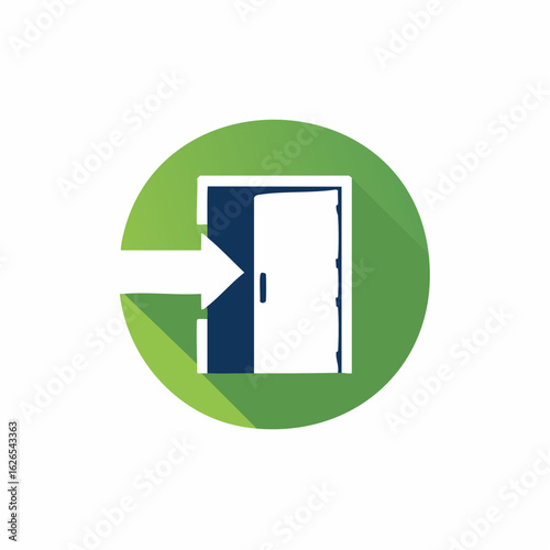 Doorway entrance with white arrow pointing towards open door in green circle graphic