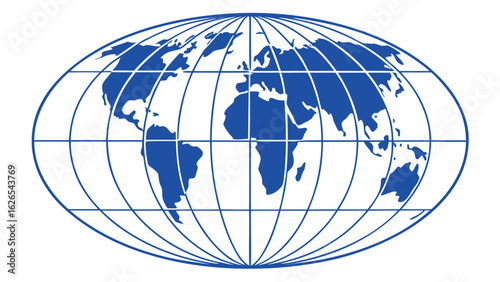 Blue globe world map with longitude and latitude grid lines in flat style
