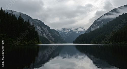 Calm lake surrounded by dense pine forests and towering mountains under a cloudy, misty sky. A peaceful, moody nature scene perfect for outdoor and travel themes.