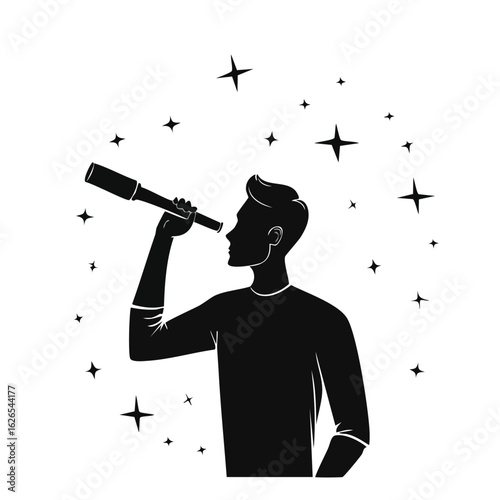 Silhouette of a man looking through a telescope at the night sky. A conceptual illustration of scientific discovery, vision, and ambition.