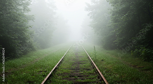 Abandoned railway track leading into dense fog in a forest. Surrounded by lush green trees and overgrown grass, the scene evokes mystery and solitude in a natural setting.