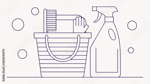 Cleaning tools and spray bottle with soap bubbles in minimal line style illustration
