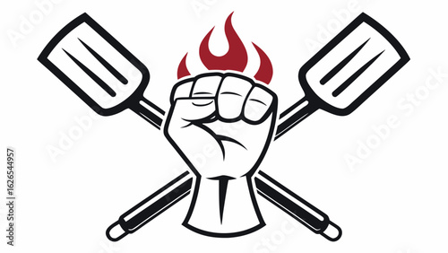 Grilling emblem with spatulas raised fist and flame in bold black style
