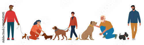 Group of people engaging with their dogs in various activities. Includes walking, playing, and petting, capturing a harmonious human-animal interaction in a vector illustration.