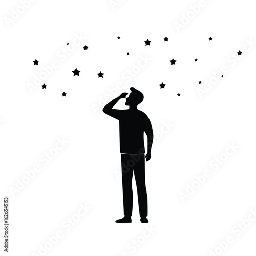 A man's silhouette gazes upwards at floating stars. A symbolic vector graphic representing hope, imagination, dreams, and future aspirations.