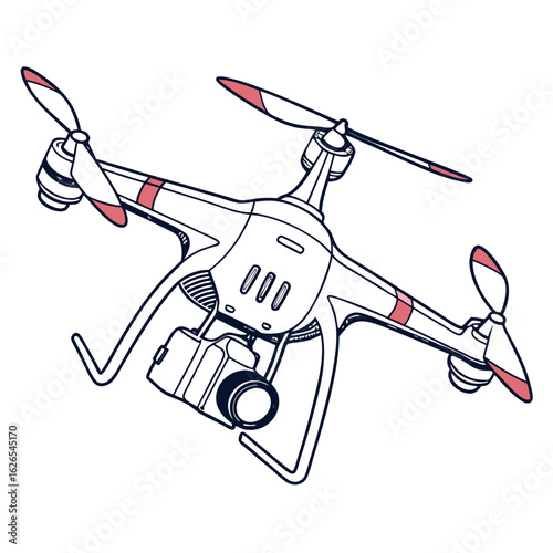 Hand drawn illustration of a quadcopter drone with a camera attached and red accents on propellers