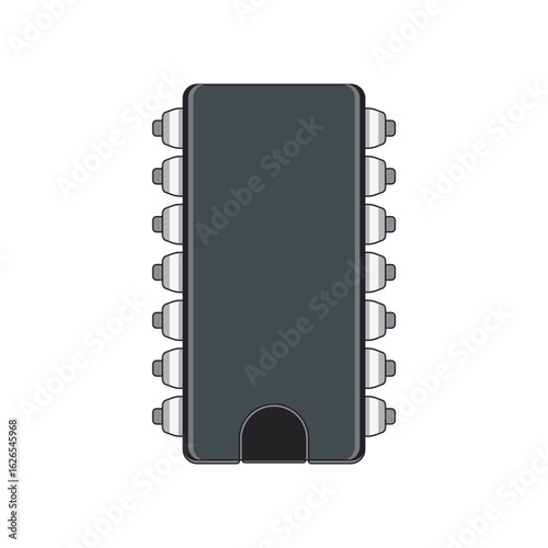 Top view vector of an analog integrated circuit chip in flat design. Ideal for electronics schematics, PCB layouts, engineering diagrams, and tech industry-related visuals.