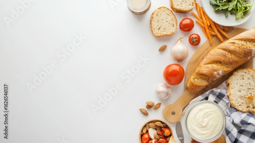 Wallpaper Mural An overhead shot captures a culinary composition with bread, vegetables, nuts, and dip artistically arranged on a clean white background for a fresh aesthetic. Torontodigital.ca