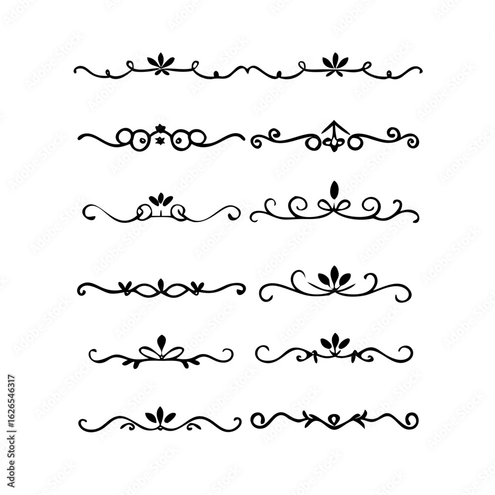 Fototapeta premium Hand drawn calligraphic dividers. Swirl victorian borders. Vector isolated royal decor separators. Classic wedding invitation calligraphic lines. 