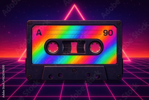 Vintage audio cassette tape with neon rainbow holographic label on retro synthwave background