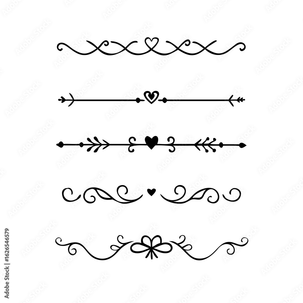 Fototapeta premium Hand drawn calligraphic dividers. Swirl victorian borders. Vector isolated royal decor separators. Classic wedding invitation calligraphic lines. 