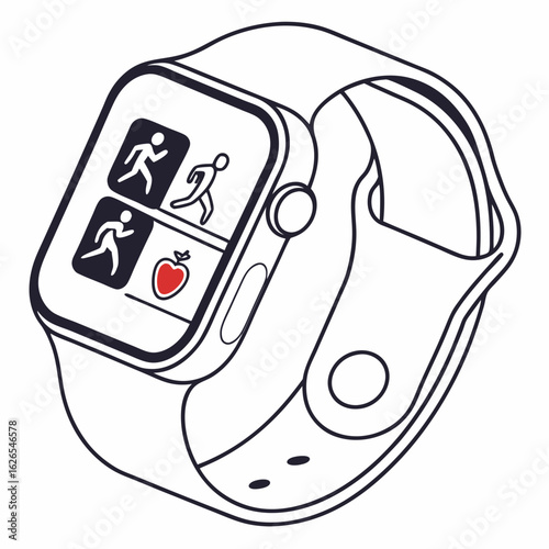 Modern smartwatch displaying fitness tracking icons for running and a healthy apple symbol on its screen