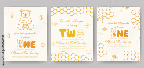 Birthday invitation card vector template design. Bumblebee birthday Party theme with honey comb, beehive, bear and honey bee watercolor background.	