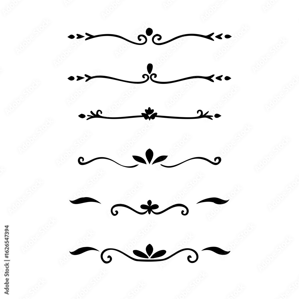 Obraz premium Hand drawn calligraphic dividers. Swirl victorian borders. Vector isolated royal decor separators. Classic wedding invitation calligraphic lines. 