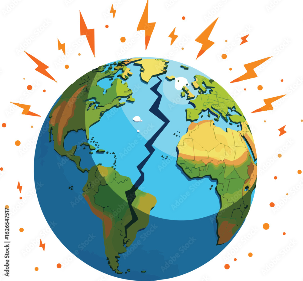 Naklejka premium A vibrant 3D globe illustration depicts continents like Europe and Asia, with a rainbow arcing over the ocean, symbolizing a global business concept