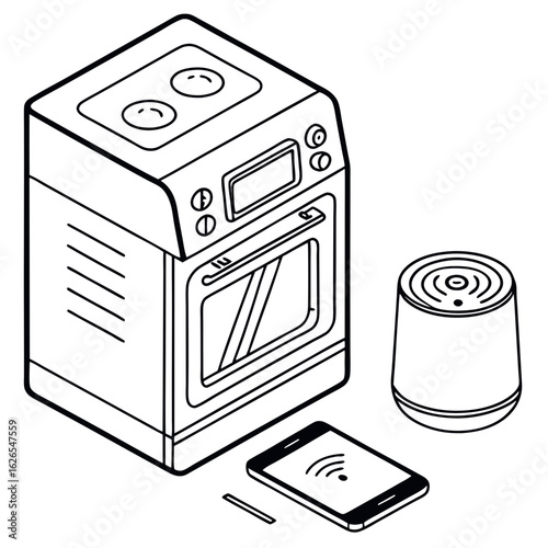 Smart home kitchen appliances including an oven smart speaker and smartphone with wireless connectivity