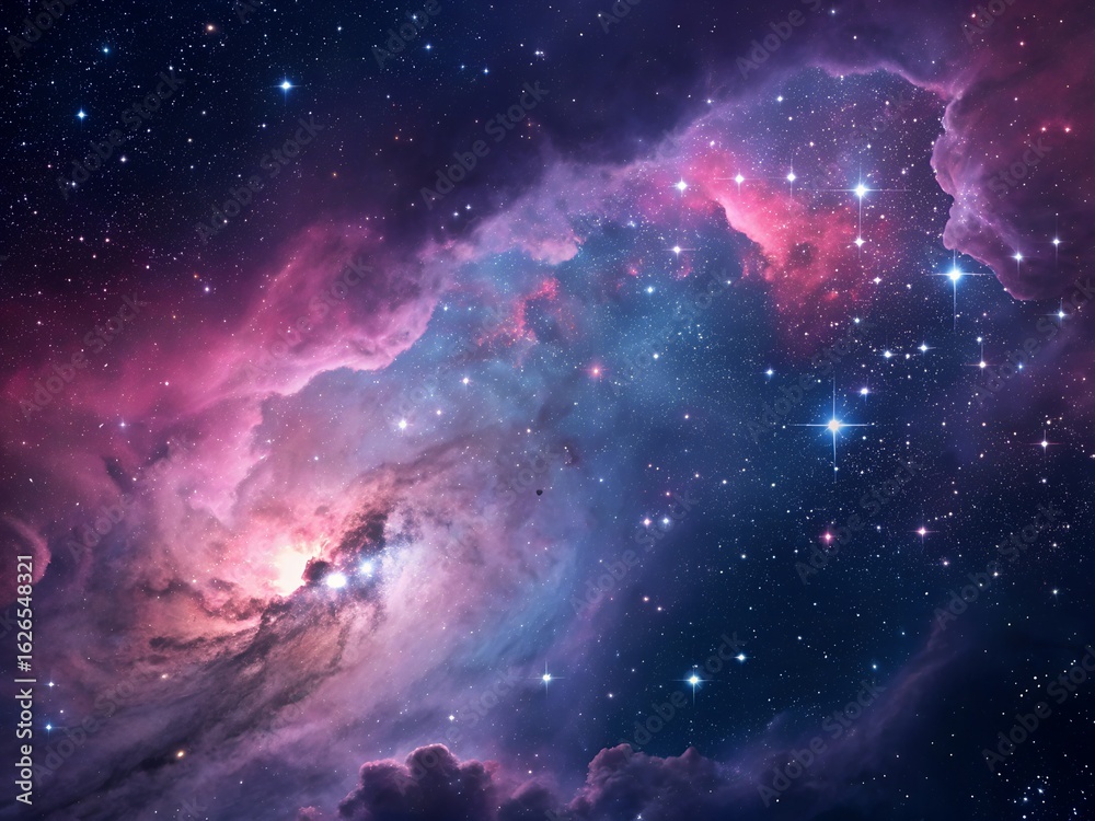 Fototapeta premium A vibrant nebula glows brightly in deep space, featuring magnificent clouds of cosmic dust and gas, illuminated by countless sparkling stars.