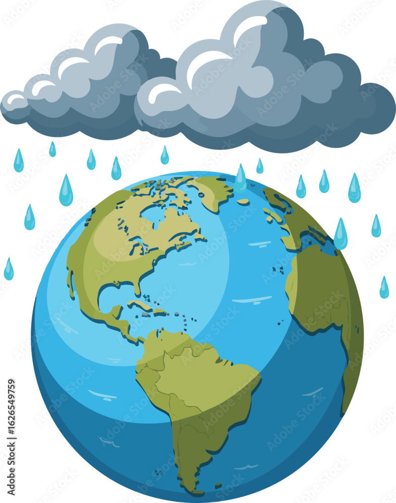 Naklejka premium A vibrant vector illustration of the globe showing continents of Europe, Asia, and America with clouds, a blue ocean, and green continents