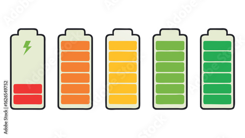 Battery charge level indicators showing low to full energy status in flat design
