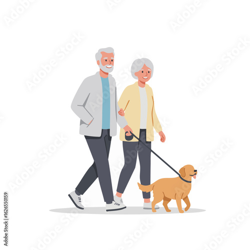 Senior couple in park clothes walking dog calmly