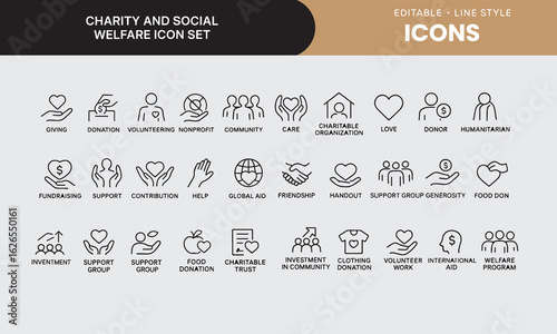 Charity - thin line vector icon set. 30 icons. Pixel perfect. The set includes a Charity, Charitable Donation, Donation Box, Life Belt, Helping Hand, Volunteers, Heart Shape, Fundraising, Donation But