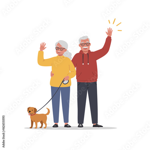 Older couple greeting neighbor while walking dog