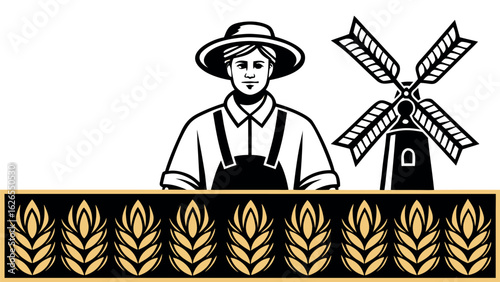 Vintage farmer with windmill and wheat crop field agriculture concept illustration
