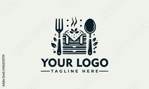 A stylized logo design featuring a stack of pancakes with a fork and spoon.