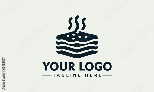 Simple logo design featuring a stylized layered cake with steam, suitable for a bakery or cafe.