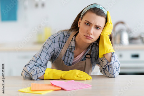 Фототапет Unhappy young woman tuired from housework at kitchen, needing break from domestic duties