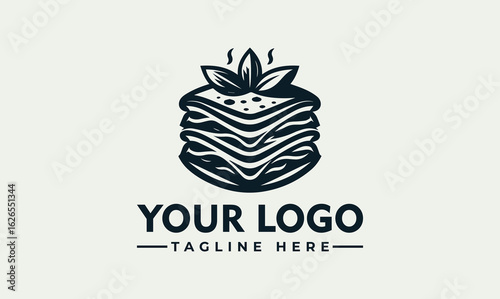 Stylish monochrome logo design featuring a layered food item, possibly a lasagna or stacked sandwich, topped with herbs.