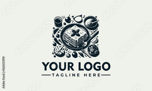 A stylized logo design featuring lasagna and various food elements arranged around it in a square frame.