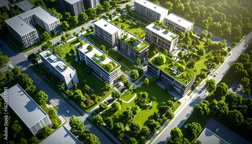 Aerial view of a modern, sustainable city district