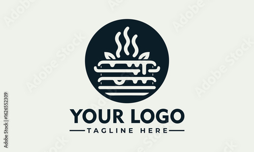 A minimalist logo featuring a stylized burger with steam rising, enclosed within a dark circle.