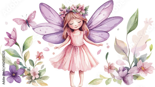 Enchanting watercolor illustration of a delicate fairy with large purple wings surrounded by flowers and butterflies