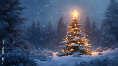 Glowing Christmas tree in the middle of a snow-covered winter forest, surrounded by tall pine trees, soft snow falling, peaceful night.