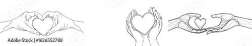 A continuous line art drawing of hands holding a heart, symbolizing charity donation, is presented as a modern illustration isolated on a white background