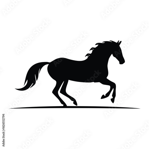 A powerful black silhouette of a galloping horse, a graceful equine vector illustration representing freedom, speed, and elegance on a white background.