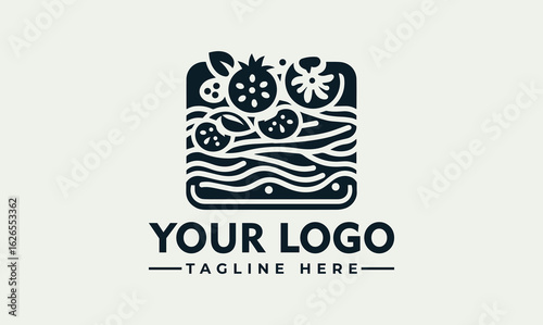 Stylish logo design featuring layered pasta dish with fresh fruit and herbs.