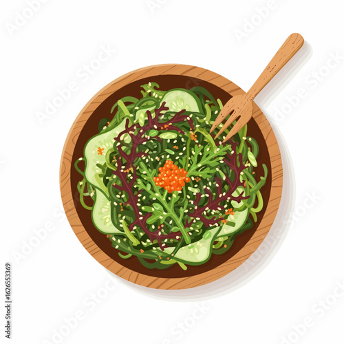 Fresh seaweed salad with thinly sliced cucumber and bright orange roe in a wooden bowl with a fork