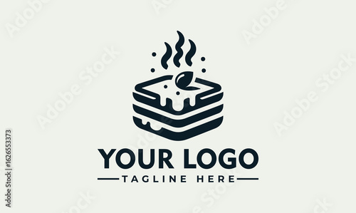 A stylized logo depicting a layered food item with steam and a leaf.