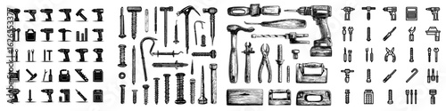 A set of screw tools, including bolts, nails, and nuts, as well as hooks and fasteners, are depicted alongside carpenter icons, a building drill, and a clincher, all relating to business
