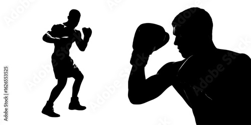 A male boxer's silhouette is shown in isolation on a white background, depicted in a modern illustration style