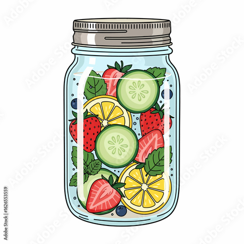 A glass jar filled with refreshing infused water featuring sliced lemon cucumber strawberry and blueberry with mint leaves