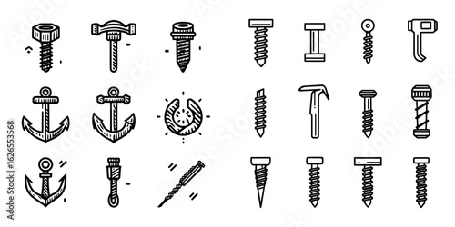 Disregard screw line icons, instead consider nut, nail, and bolt, along with fixation iron river, metal hardware, hook, and drill, which are outlined black instruments, serving as isolated elements