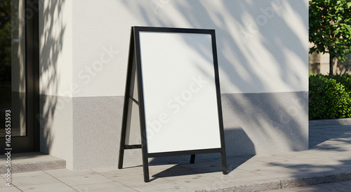 A high-quality mockup of a black A-frame sign positioned outside a light beige building.