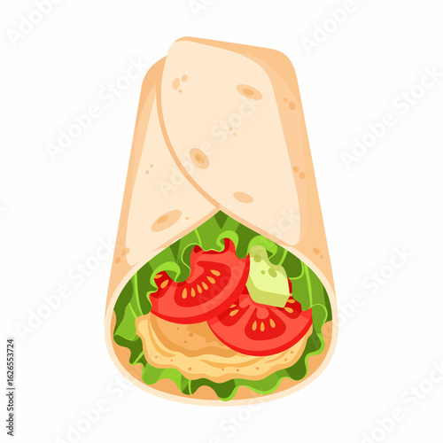 Delicious chicken burrito wrap filled with fresh lettuce tomato and avocado sauce